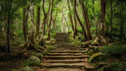 Sticker - Serene forest scene featuring ancient stone steps surrounded by lush green trees and moss-covered rocks in a tranquil natural setting