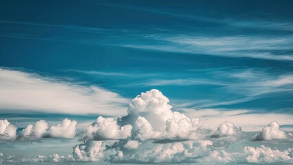 Sticker - Horizontal spread of fluffy white clouds against a vivid blue sky with soft gradients and light wisps; ideal for serene or peaceful themes.