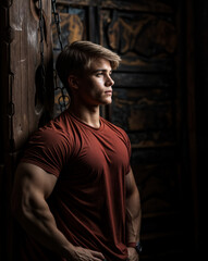 Wall Mural - a person wearing a red t-shirt, leaning against a wooden wall with a chain hanging from it. The background is dark and dimly lit, creating a moody atmosphere.