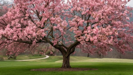 Wall Mural - Blooming double cherry tree with vibrant pink blossoms in spring against a green lawn with winding path in soft background of hills.