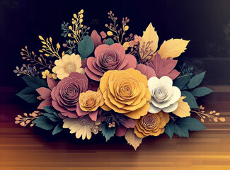 Wall Mural - A vibrant bouquet of paper flowers, featuring a mix of deep rose, sunny yellow, and creamy white blooms, arranged with intricate detail.