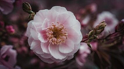 Wall Mural - Delicate close-up of a pale pink flower with intricate petal details, set against a muted background showcasing soft green and purple hues.