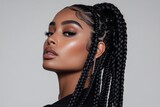 Young black woman showing braided hairstyle and makeup