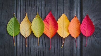 Wall Mural - Autumn leaves in gradient from green to red arranged on dark wooden surface showcasing seasonal color transition and nature's changing palette.