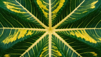 Wall Mural - Intricate green and yellow leaf closeup highlighting detailed veins and grooves against a vibrant natural backdrop creating an organic texture.