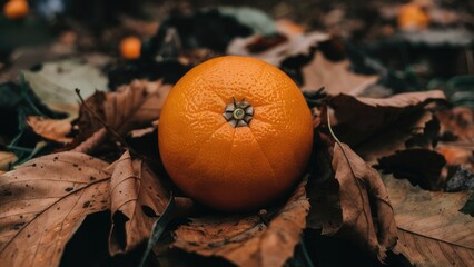 Wall Mural - An orange located centrally on a bed of brown fallen leaves with green accents around, emphasizing autumn's vibrant colors and textures.