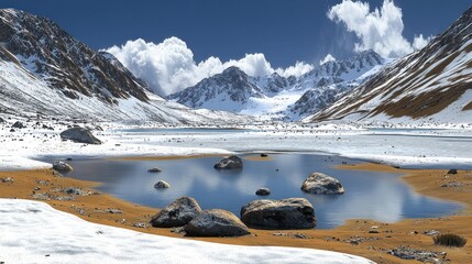 Wall Mural - Snowy mountain lake, winter landscape, serene reflection, digital art, travel
