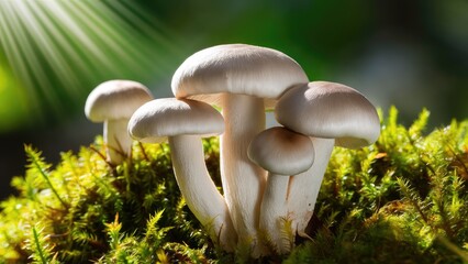 Wall Mural - Closeup of white mushrooms clustered on lush green moss illuminated by radiant sunlight creating a serene woodland atmosphere