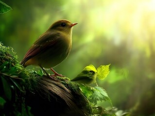 Wall Mural - two birds perched on a mossy branch in a sunlit forest scene, vibrant and serene