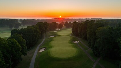 Sticker - Aerial view of a lush green golf course with sand traps under a vibrant orange and yellow sunrise, highlighting the peaceful landscape and trees.