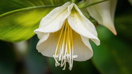 Wall Mural - Brugmansia suaveolens flower in full bloom displaying creamy white petals and yellow stamens against lush green foliage background.