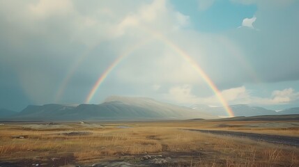 Wall Mural - rainbow stretching across a cloudy sky above a quiet meadow following rain, using 35mm, f22, cinemat