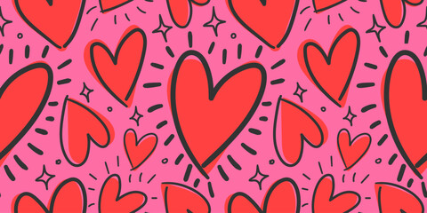 Wall Mural - Chaotic vector red doodle hearts seamless pattern - for Valentine's day. Vector seamless love background