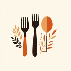 Abstract illustration of cutlery and leaves, autumnal theme, for restaurant menu or food blog