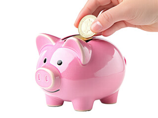 Wall Mural - Isolated Hand Adding Coin to Piggy Bank