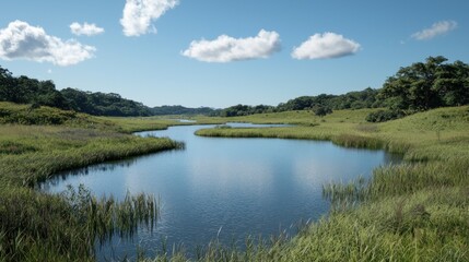 Wall Mural - Serene river meanders through prairie, summer sky