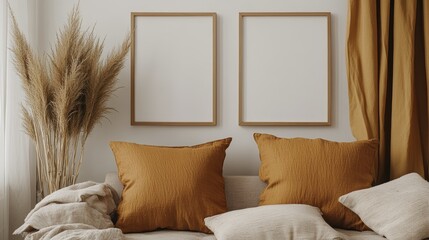 Wall Mural - Minimalist Living Room Interior, Two Blank Frames Above Sofa with Pampas Grass Decoration.