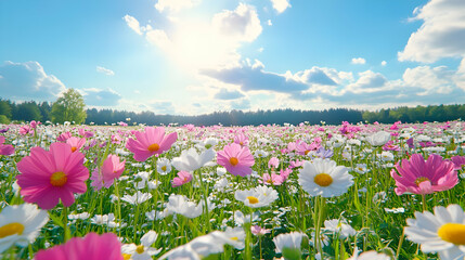 Sticker - Sunny Cosmos Field, Spring Meadow, Nature