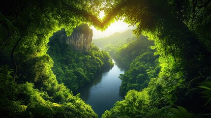 Poster - A heart-shaped gap in lush green tree foliage, showcasing a tranquil river meandering toward a rocky cliff in the distance