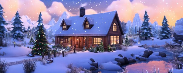 Sticker - Cozy snow-covered cabin in winter wonderland with christmas tree