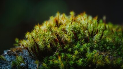 Wall Mural - Macro photography capturing vibrant green moss with intricate textures and details, set against a dark background for contrast and depth.