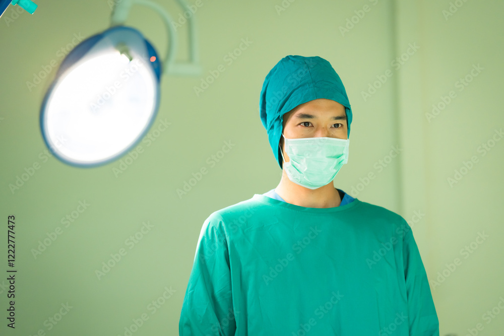 Confident man surgeon in green scrubs with stethoscope and surgical ...