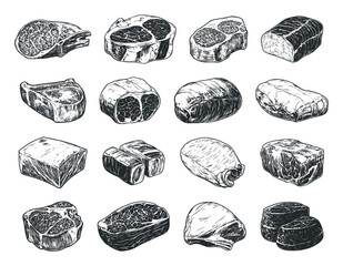 Wall Mural - Raw Meat Vintage Hand Drawn Illustrations Set On White Creative Design Butcher Meat Cuts Icons Rustic Food Elements Antique Culinary Collection Artistic Visuals Timeless Graphics