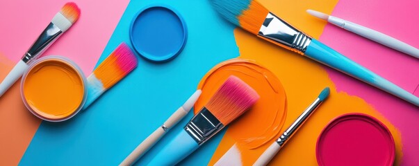 Wall Mural - Vibrant paintbrushes on multicolored background: creative art supplies