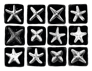 Wall Mural - Sea Stars Black And White Block Prints Linocut Print Style Vector Illustrations Unique Artwork Creative Design Marine Life Illustrations Decorative Elements Artistic Visuals Modern