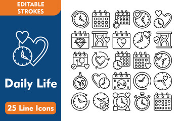 Wall Mural - Daily Life Line Editable Icons set. Vector illustration in thin line modern style related icons:clock, lifecycle, waiting, time, clockwise, management, lifestyle, stopwatch, calendar, 