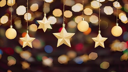 Wall Mural - Christmas ornaments in gold and white stars and spheres hang against a blurred colorful bokeh background creating a festive holiday atmosphere