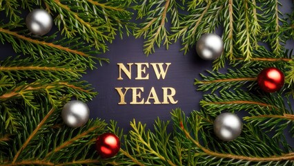 Wall Mural - Christmas tree decorations with evergreen branches in green, silver and red ornaments framing the center 'NEW YEAR' text on dark background.