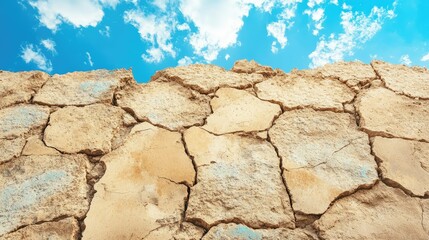 Wall Mural - A rustic stone wall surface with cracks, set against a vibrant azure sky