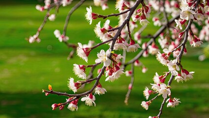 Wall Mural - Delicate cherry blossom branches adorned with white and pink flowers against a vibrant green background creating a serene spring atmosphere.