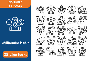 Wall Mural - Millionaire Habit Line Editable Icons set. Vector illustration in thin line modern style related icons:work life balance, money, rich, balance, work, in love, businessman, needs, cash flow, obligation