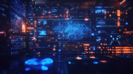 Futuristic digital interface with glowing network map and data streams.