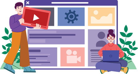 Web Design Illustration with Video and User Interface Elements A designer working on a video-focused web page, showcasing responsive layouts.