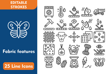 Poster - Fabric features Line Editable Icons set. Vector illustration in thin line modern style related icons:dryer, hot water, fireproof, fast dry, heavy duty, durable, uv protection, dust, quick dry, water 