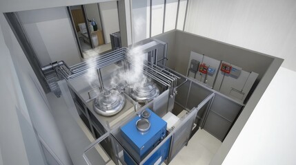 Industrial facility, two large tanks steaming, process control room visible, background shows a corridor