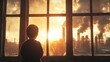 © MAGNIFIER - The child stood with his back turned to look at the city view window with a factory that emitted toxic smoke.