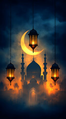 Sticker - Night mosque lanterns crescent moon cloudscape