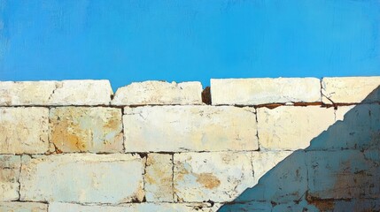 Wall Mural - A sunlit, weathered stone wall with shadows, set beneath a pristine blue sky