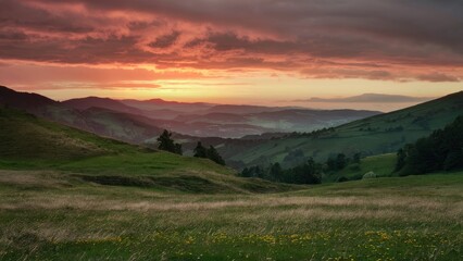 Canvas Print - Serene sunrise over rolling green hills with vibrant orange and pink sky, misty valleys and scattered wildflowers in the foreground.