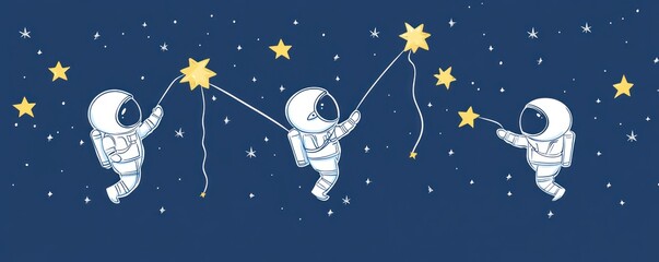 Wall Mural - three cute astronauts playfully hold stars in space.