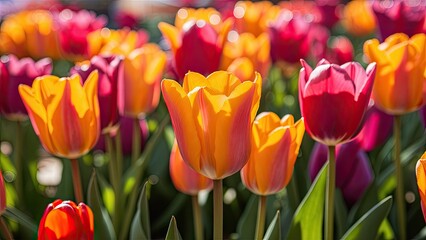 Wall Mural - Vibrant tulip garden with bright yellow and pink flowers in focus with soft background of lush green leaves under warm sunlight