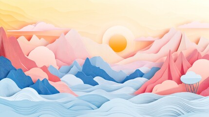 Wall Mural - pastel paper-cut style landscape with mountains, clouds, and a setting sun.