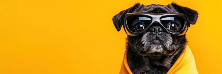 Wall Mural - Cool black pug dog wearing goggles against yellow background.