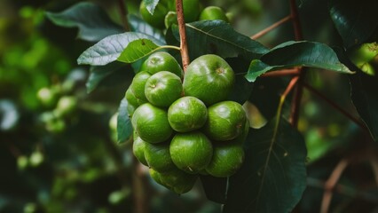 Wall Mural - Cluster of green fruits hanging from a branch surrounded by dark green leaves in a lush forest setting, showcasing nature's bounty.