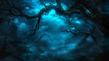 Wall Mural - Mysterious dark forest with mist and illuminated trees