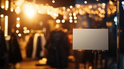 Wall Mural - Blank sign in storefront window at night, blurred clothing background, warm lighting.